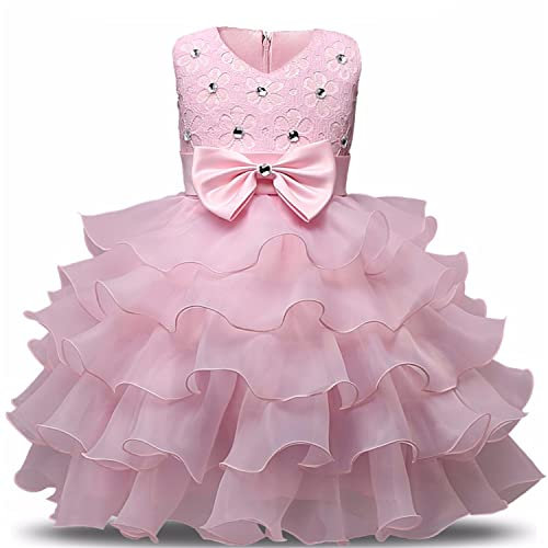 NNJXD Vestito da Ragazza Festa in Pizzo per Bambini Abiti da Sposa Taglia(120) 4-5 Anni Rosa