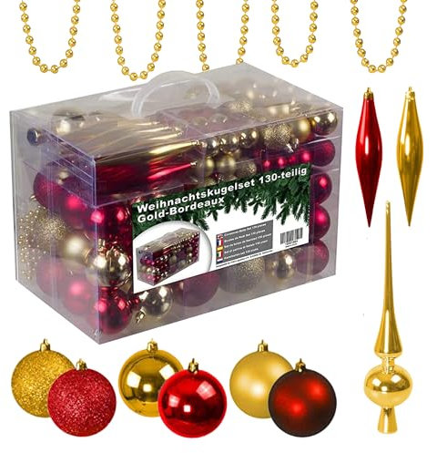 Julido Weihnachtskugeln Kunststoff 130 Stück, Christbaumkugeln Gold und Bordeaux, Weihnachtsbaum Deko glänzend, glitzernd und matt