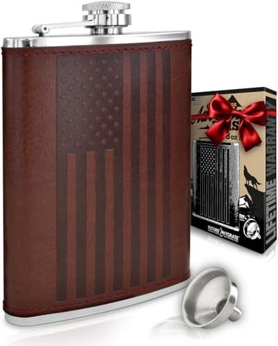 Leather American Flag Hip Flask - Leak Proof Food Grade Stainless Steel for Whiskey or Bourbon Liquor | Bonus Funnel (USA 8 Ounce Flask, Brown Leather Wrap)