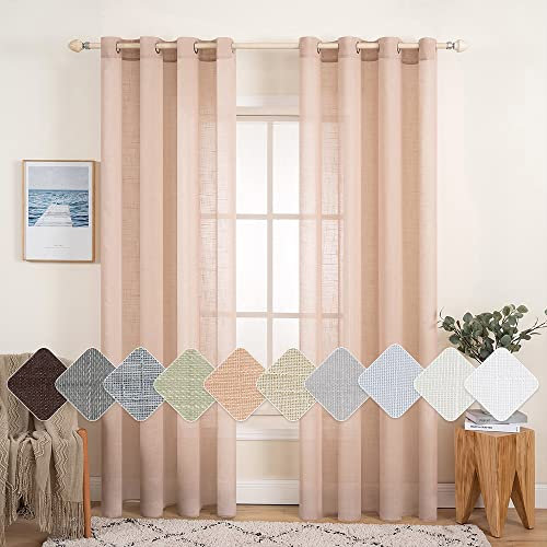 MIULEE 2er Set Voile Vorhang Sheer Leinenvorhang mit Ösen Transparent Leinen Optik Gardine Ösenschal Wohnzimmer Fensterschal Lichtdurchlässig Dekoschal Schlafzimmer 140x145cm (B x H) Pfirsich