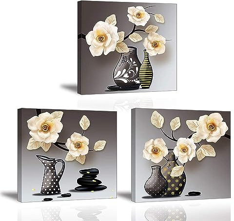 Piy Painting 3X Moderner Leinwanddruck, Wandbilder Gardenie Blumen mit Vase Kunstdruck auf Leinwand, Blühende Blumen Bild mit Keilrahmen für Deko Flur Korridor Schlafimmer Wohnzimmer 30x30cm
