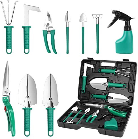 GIOVARA Gartengeräte Set Gartenwerkzeug, 10 Stück Anti-Rostes Garten Werkzeuge Set, Gartengeschenke für Männer Frauen o. Kinder, Gartenarbeit Set mit Koffer, Garten Zubehör Set aus Robustem Edelstahl