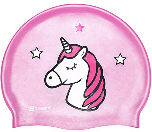 ZABERT C600 Kinder mädchen Badekappe Silikon Badekappen Wasserdicht schwimmhaube kinderbadekappe Lange Haare badehaube Bademütze Rosa Einhorn