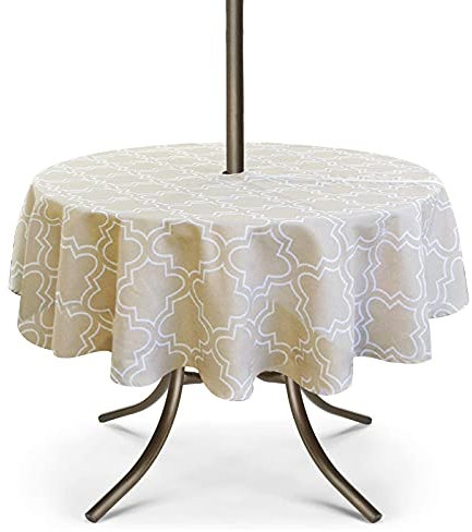 UMINEUX Runde Tischdecke, wasserdicht, für den Außenbereich, mit Schirmloch und Reißverschluss, 152 cm, Khaki / marokkanisch