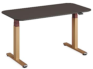 Steelcase Solo Elektromotorisch höhenverstellbarer Homeoffice-Schreibtisch, programmierbares Bedienpaneel, Antikollisionssensor, Kabelnetz, Tischplatte aus Linoleum Mauve, Gestell Messing Matt/Merlot