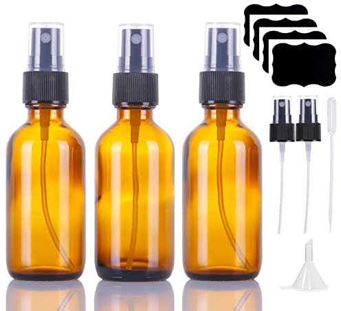LUFEVRM 60ml Amber Glass Spray Bottles,Empty Small Refillable Reusable Travel Fine Mist Spray Bottles for Hair,Cleaning,Aromatherapy and Essential Oil with Extra Mist Sprayer(3 Pack)