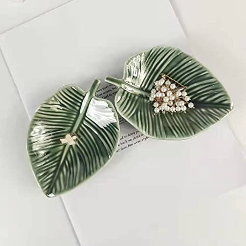 Bandeja de almacenamiento de joyas en forma de hoja verde, bandeja de cerámica decorativa, bandeja de joyas, organizador de almacenamiento de joyas, llaves, cambio (2 juegos)