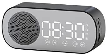 Bluetooth Alarm Clock LED Mirror Digital Display Table Alarm Clock Wireless Speaker Subwoofer Music Player, Dual Alarm Clock Design, Bluetooth Speaker and FM Radio 2 in 1 (Black)
