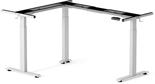 FEZIBO Bureau Assis Debout Cadre Électrique - 3 Moteurs Bureau Table Debout Réglable en Hauteur Forme L avec Système Anti-Collision, Angle Réversible, Panneau Contrôle de 3 Fonctions Mémoires Blanc