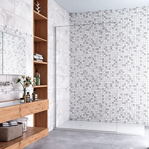 Parete Fissa Doccia Walk In 130x200 cm Vetro Temperato Trasparente Anticalcare 10 mm Con Barra Stabilizzatrice da 90 cm tagliabile