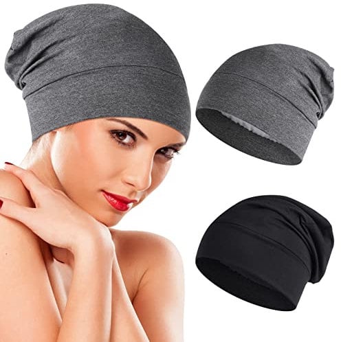 WLLHYF Schlafmütze aus Seide 2 Stück weicher Haarwickel mit Satin gefütterte Verstellbarer Turban Hut Krankenschwester Mütze für mittellockiges krauses Haar Chemotherapie Frauen Männer Grau Schwarz