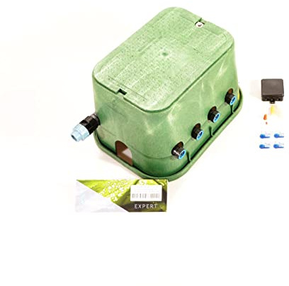 Plug&Rain Ventilbox mit 4 Hunter PGV 9V Magnetventilen (4 Zonen), Durchflussregulierung und Druckluftanschluss, 24 mm BluLock Expert