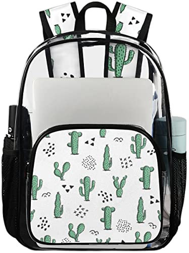 SEEKJOYS Transparenter Rucksack und bedruckte Taschen, Wüsten-Kaktus-Muster, strapazierfähig, PVC, transparente Tasche mit Netz-Kaktus-Illustration, farbiger Riemen für Arbeit, Uni, Sport, farblos, L