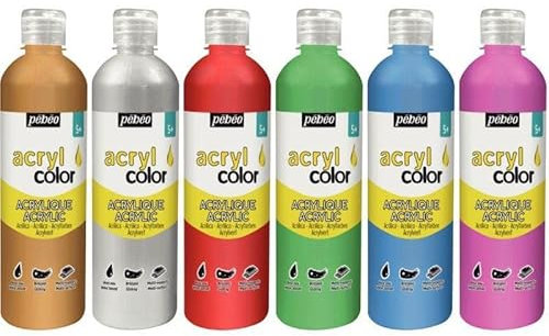 Carton de 6 flacons de 500 ml de peinture acrylique PEBEO ACRYLCOLOR couleurs métalliques et nacrées assorties