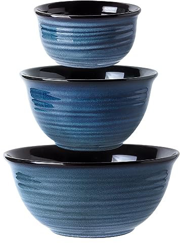Ceramic Mixing Bowls, Tikooere Serving Bowls Set of 3 for Kitchen, Large Nesting Bowls for Cooking,Baking, Versatile Serving Dishes for Space Storage, 2.1/1.0/0.5 Qt, Dishwasher & Microwave Safe, Blue