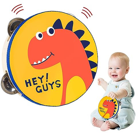 Tamburin Mit Süßem Tiermotiv - Handtrommel, Hölzerne Baby Trommel, Musikinstrumente für Kinder, Aus Holz, Instrument Spielzeug für Jungen Mädchen (Dinosaurier)