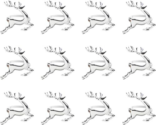 GGISUI 12 Stück Weihnachten Rentier Serviettenringe, Silber Hirsch Elch Weihnachts Serviettenhalter Serviettenschnallen für Dinnerparty Weihnachten Neujahr Tischdeko Weihnachten