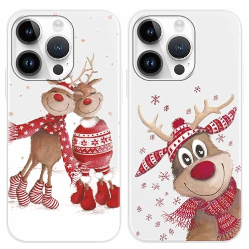 Yoedge 2 Stück Weihnachten Handyhülle für Apple iPhone 15 Hülle 6,1, Weiß Weihnachts Schutzhülle mit Elch Muster Aesthetic, Weich TPU Silikon Stoßfeste Christmas Case Cover für iPhone 15, Elch