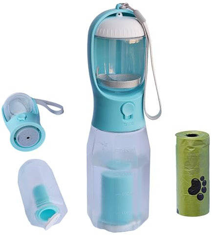 PANJAL Portable Dog Water Bottle 600ml, 4 in1 Multi Function Leak Proof BPA-Free Poo Bag Dispenser Snack Compartment Carbon Filter - Outdoor Walking Hiking Travel - Turquoise Blue