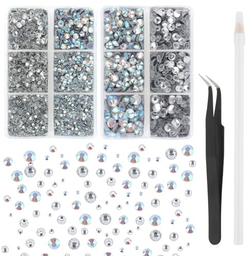 6600 Stück Hotfix Strasssteine, 12 Größen Glitzersteine Klare Strasssteine Transparenter Runde Kristall für Kleidung Kunsthandwerk gemischt mit Pinzette Kit