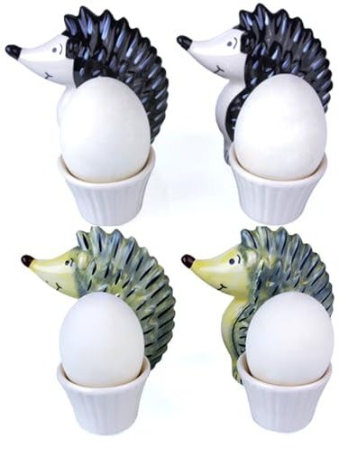B2SEE Egg Cup Ceramic Crockery Set Animal Motifs 4 Pieces Good Quality (Hedgehog 2 Grey/Yellow 2 Black White)