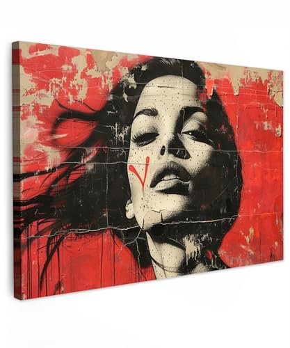 MuchoWow© Leinwandbilder Groß 120x80 cm XXL Wall Art Decoration Bilder für die Wand Schlafzimmer Deko Canvas Painting Wanddekoration Wohnzimmer Graffiti - Frau - Rot - Street art - Banksy