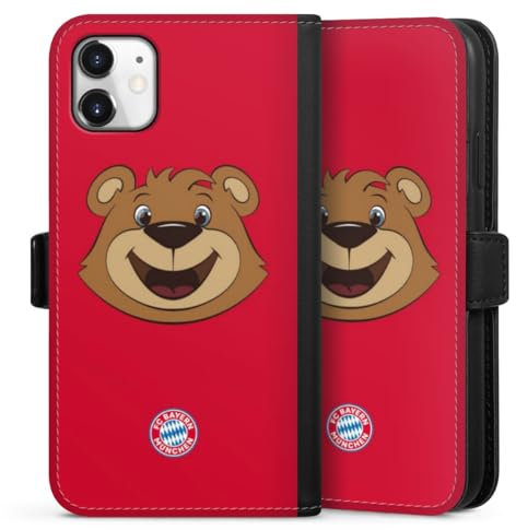 Klapphülle kompatibel mit Apple iPhone 11 Handyhülle aus Kunst Leder schwarz Flip Case FC Bayern München Maskottchen Bernie