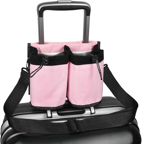 JOINDO Luggage Cup Holder for Travel, Drink Holder Bag with Shoulder Strap, Cup Holder for Suitcase Free Hands,Travel Accessories Gifts for Travelers Flight Attendants(Pink)