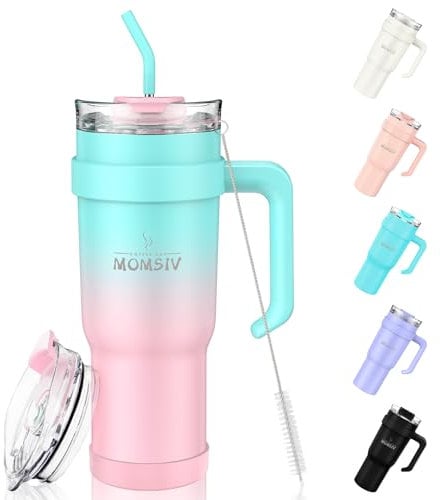 MOMSIV 40oz Tumbler with Handle and Straw, Large Capacity 1100ml Stainless Steel Leakproof Coffee Cup, Insulated Vacuum Travel Mug Water Bottle for Hot Iced Drink, Green-Pink
