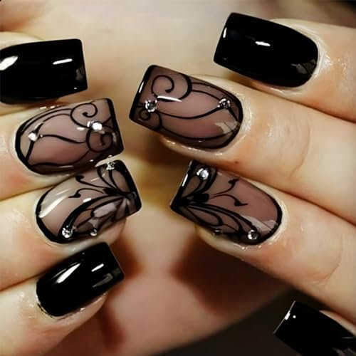 Nayyana Lot de 24 faux ongles courts carrés noirs en acrylique à coller sur les ongles