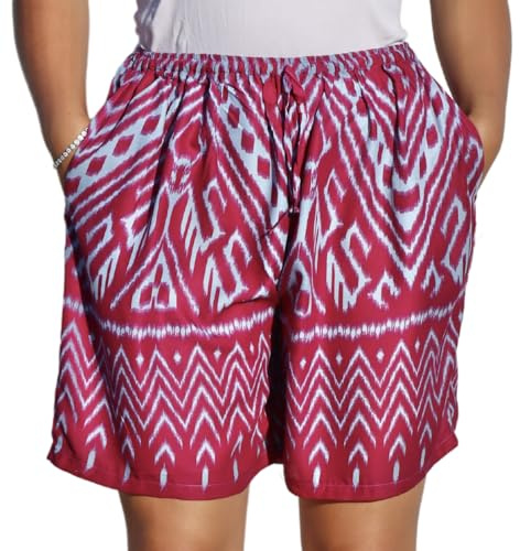 PANASIAM Shorts Kiowa - Sommershort mit Kordelzug - Kurze Freizeithose | 100% Viskose, elastischer Bund mit Kordelzug & 2 Taschen, Unisex Strandshorts mit Ikat-Muster, Schlafshorts Damen & Herren
