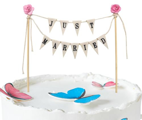 TNSLAND Decoración de Tartas Just Married Mini Cadena Pentagrama de Boda Pastel de Boda O Queso, Banderines Hechos A Mano con Poste de Madera Marfil (Con Rosa)