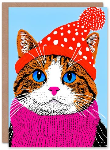 Wee Blue Coo Greeting Card Tabby Red Winter Hat Pink Scarf Ginger Cat Lover Blank For Him Or Her Art Xmas Christmas Card