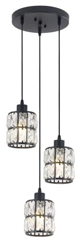 Rviezza Crystal Chandelier Ceiling Lights Black, 3-Light Industrial Metal Ceiling Lamp with Height-Adjustable Lanyard, Modern Black Pendant Lighting for Living Room, Bedroom, Dining Room, E27 Socket