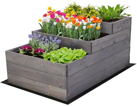 MODO24 Hochbeet Holz, 3-stufiger, Blumenkasten 45x60x93 cm, Grau | Komplettes Anzuchtset inkl. Schrauben, Dekoratives Gemüsebeet, Kräuterbeet & Blumenkasten für Garten und Terrasse
