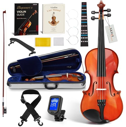 AKLOT Handcrafted Full Size Violin: Solid Wood Glossy Fiddle, Acoustic Beginner 4/4 Violin Kit with Hard Case, Lesson Book, Bow, Shoulder Rest, Extra Strings, Tuner, Fretboard Stickers (VRT-AmiOB)