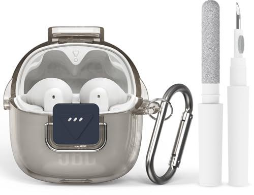 Cover in TPU per JBL Tune Flex 2, con moschettone e fibra di pulizia, antigraffio a 360° e antiurto, flessibile e anti-impronta (grigio trasparente)