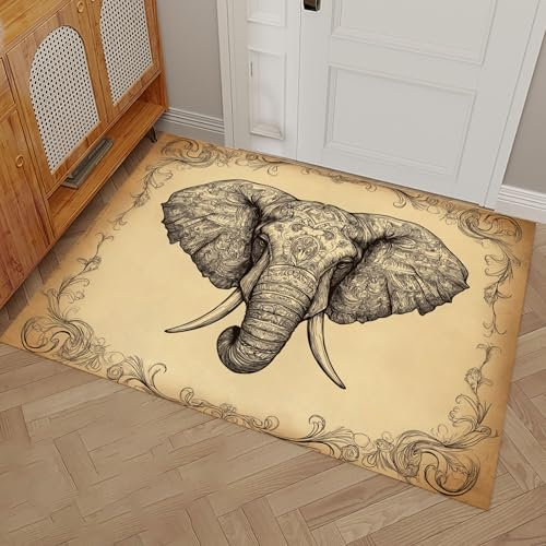 MULERN Paillasson Interieur 90x150cm Entree Tapis, Ligne D'Éléphant Art Antidérapant Lavable en Machine Absorbant Tête Intérieur Tapis, pour Entrée, Porte et Couloir, Chien, Terreux