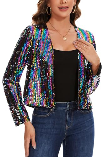Kyzoeyou Damen Pailletten Strickjacke Kurz Offene Vorne Cardigan Langarm Bolero Dünne Elegant Glitzer Jacke Bolerojacke