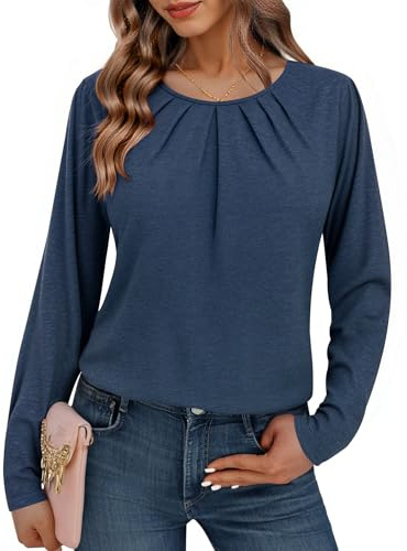 Totatuit Damen Langarmshirt mit Rundhals und Raffung für Herbst | Einfarbiges Design, lockere Passform, elegante Blusenoptik, für Alltag Büro Freizeit, kombinierbar mit Jeans Rock oder Jacke