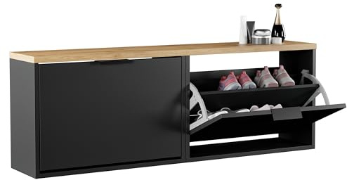 Planetmöbel 2 x Schuhschrank schmal mit 1 Klappe platzsparender | Schuhregal, mit 2 Ablagen, Schuhkommode für Diele, Flur, Garderobe 60 x 23 x 42,5 cm, schwarz