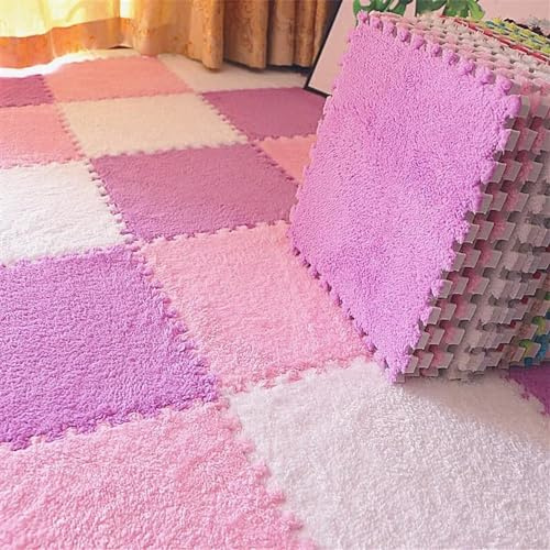JNTFNE Lot de 12 Dalles de Moquette en Mousse 30 x 30 cm, Tapis de Jeu épais et emboîtables, pour Jeux d'extérieur, Salle de Jeux, terrasse, Patio, Salle de Sport au sous-Sol (Violet, Rose, Blanc)