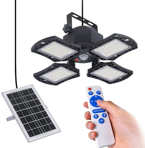 Tatqilo Solar Shed Light Indoor Outdoor, 168LED 4 in 1 Heads Solar Pendant Light with Motion Sensor, Remote Control, 3 Lighting Modes, IP67 Waterproof, Solar Lights for Gazebo, Garage, Garden, Shed