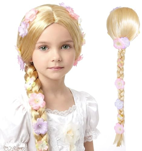 MLPKOI Rapunzel Perücken, Kinderperücke Blond, Prinzessin Perücke Cosplay Kids, Kinder Perücken für Mädchen, Langhaar Perücke Zöpfe, Rapunzel Kostüm für Halloween Karneval Party Maskenball
