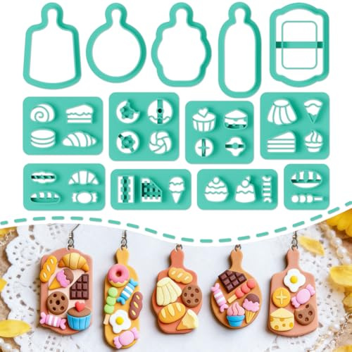 ORIGACH 13 Stück Polymer Ton Ausstecher, Mini-Desserts und Schnittbrettmuster Schneider Zur Herstellung von Ohrringen Geometrische Ton Ausstecher Mit Transparenter Aufbewahrungsbox