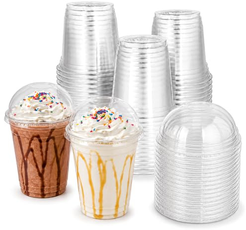 12oz (350ml) Clear Cups with Dome Lids [50 Pack] - Strong Recyclable Cold Drink Cups for Smoothies, Iced Coffee, Milkshakes, Bubble Tea, Boba, Slushies, Frappes, Juice & Takeaway Use