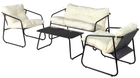 Bonnlo Salon de Jardin Exterieur 4 Personnes, Canapé 2 Places + 2 Fauteuils + Table Basse en Verre, Coussins Épais Amovibles, Meubles pour Patio/Terrasse/Balcon, Acier, Blanc