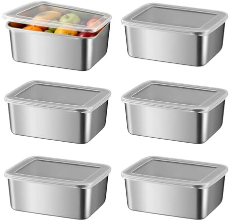JIESHEPR 6Pcs Stainless Steel Food Containers with Lids, 600ml Reusable Meal Prep Containers, Leak Proof Food Storage Boxes for Lunch, Salad, Fridge & Kitchen