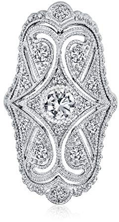 Bling Jewelry Bague de déclaration de mode pour femmes en style antique déco filigrane pavé CZ large armure doigt complet en zircon cubique laiton plaqué rhodium.