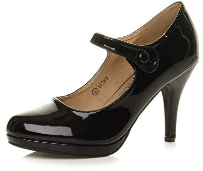 Ajvani Womens Ladies mid high Heel Mary Jane Strap Evening Court Shoes Pumps, 5 UK, Black Patent